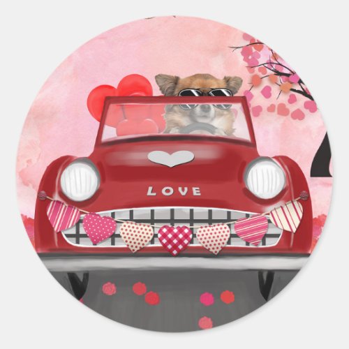 Chihuahua Dog Driving Car with Hearts Valentines  Classic Round Sticker