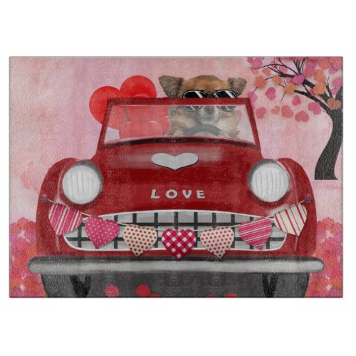 Chihuahua Dog Driving Car with Hearts Valentines  Cutting Board