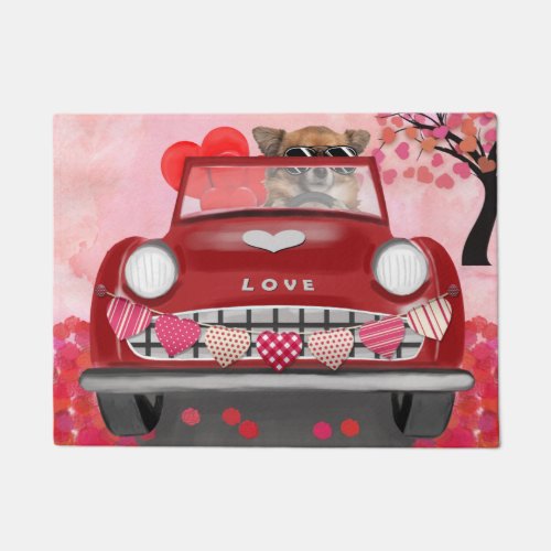 Chihuahua Dog Driving Car with Hearts Valentines  Doormat