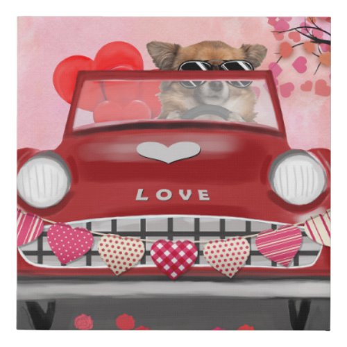 Chihuahua Dog Driving Car with Hearts Valentines  Faux Canvas Print