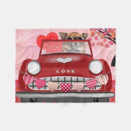 Chihuahua Dog Driving Car with Hearts Valentines  Fleece Blanket