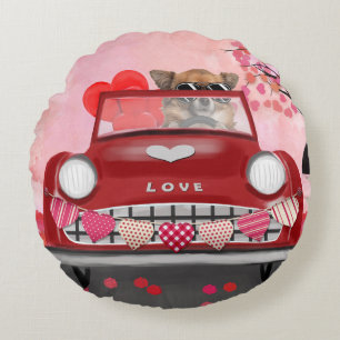 Chihuahua Dog Driving Car with Hearts Valentine's Round Pillow