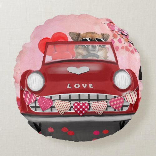 Chihuahua Dog Driving Car with Hearts Valentines  Round Pillow