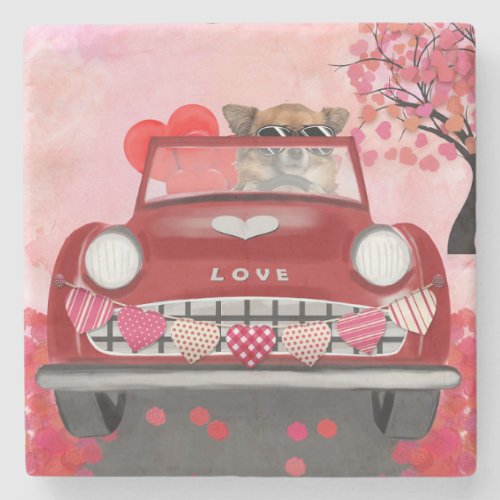 Chihuahua Dog Driving Car with Hearts Valentines Stone Coaster