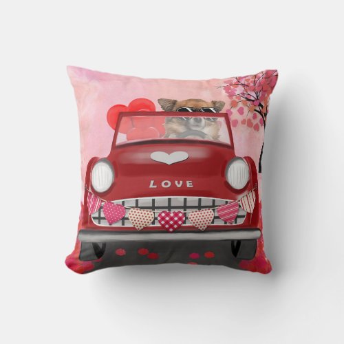 Chihuahua Dog Driving Car with Hearts Valentines Throw Pillow