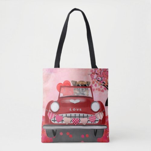 Chihuahua Dog Driving Car with Hearts Valentines  Tote Bag