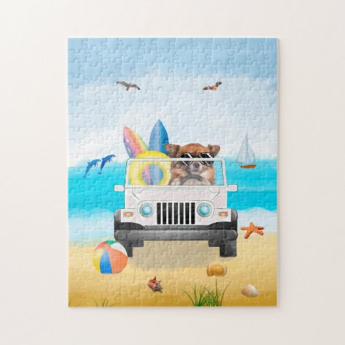 chihuahua Dog Driving on Beach  Jigsaw Puzzle