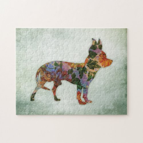 Chihuahua Dog Floral On Green Jigsaw Puzzle