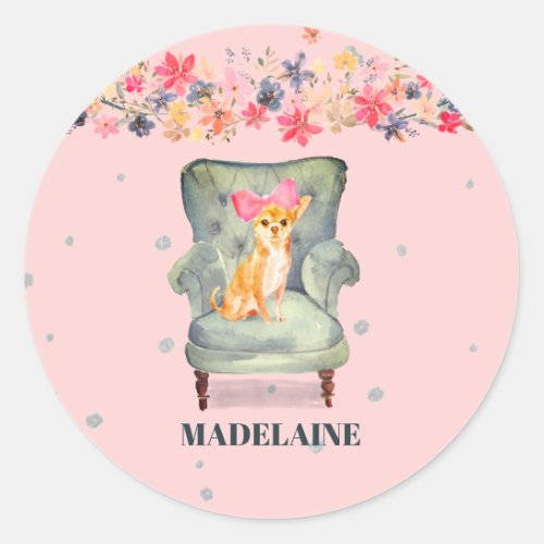 Chihuahua Dog Floral Pink Silver Classic Round Sticker