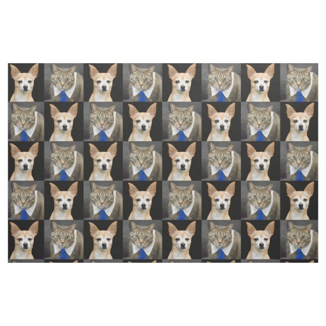 Chihuahua Dog Gray Tabby Cat With Blue Tie Pattern Fabric (Fat Quarter)