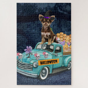 Chihuahua Dog Halloween Truck Scary Night Jigsaw Puzzle
