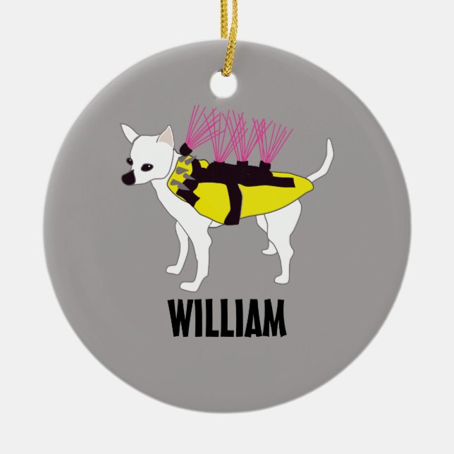 Chihuahua Dog in a Coyote Jacket Personalized Ceramic Ornament (Front)