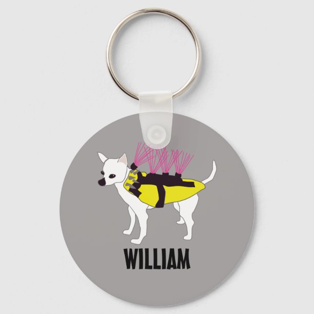 Chihuahua Dog in a Coyote Jacket Personalized Keychain (Front)