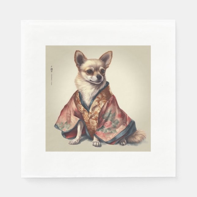 Chihuahua Dog In Japanese Kimono Robe Illustration Napkins (Front)
