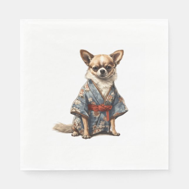 Chihuahua Dog In Japanese Kimono Robe Illustration Napkins (Front)