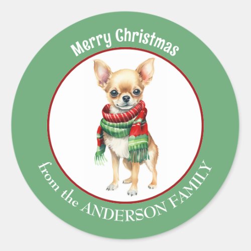 Chihuahua Dog in Red and Green Christmas Scarf Classic Round Sticker