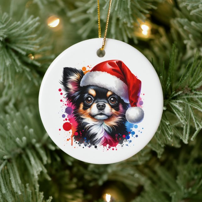 Chihuahua Dog in Santa Hat Christmas   Ceramic Ornament (Tree)