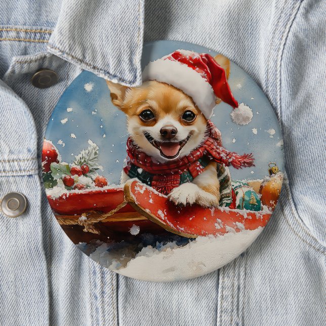 Chihuahua Dog in Sledge Let it Snow Christmas Button (In Situ)