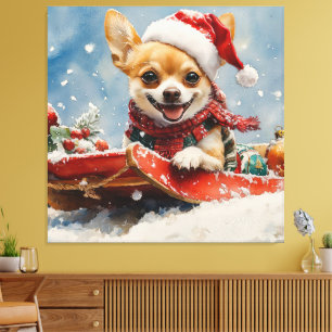 Chihuahua Dog in Sledge Let it Snow Christmas Canvas Print