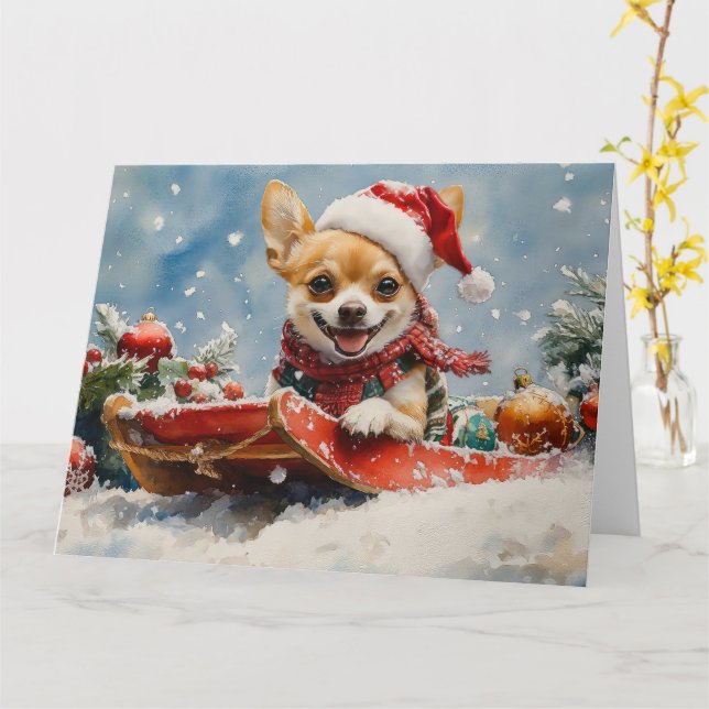 Chihuahua Dog in Sledge Let it Snow Christmas Card (Yellow Flower)