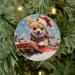Chihuahua Dog in Sledge Let it Snow Christmas Ceramic Ornament