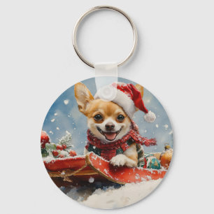 Chihuahua Dog in Sledge Let it Snow Christmas Keychain