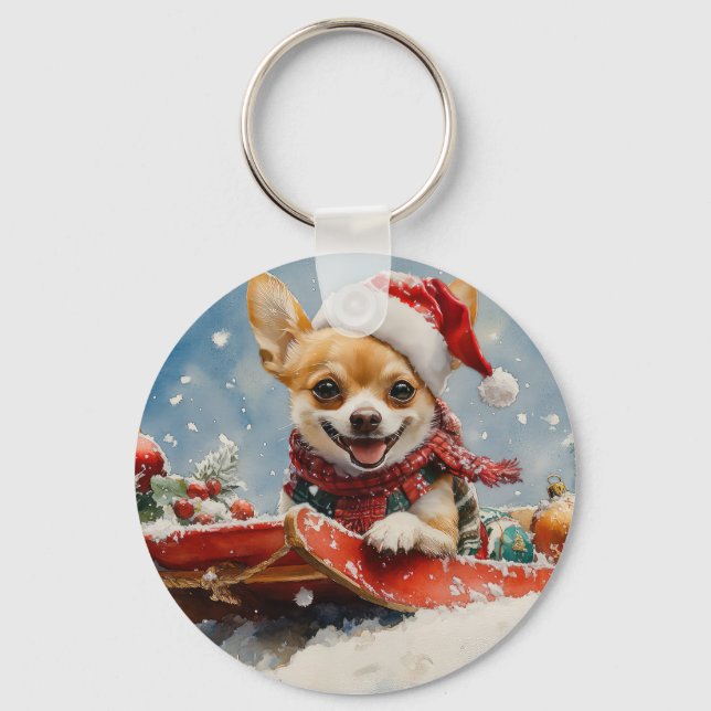 Chihuahua Dog in Sledge Let it Snow Christmas Keychain (Front)