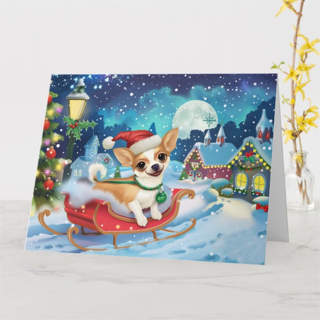 Chihuahua Dog in Sleigh Snow Christmas Card (Yellow Flower)