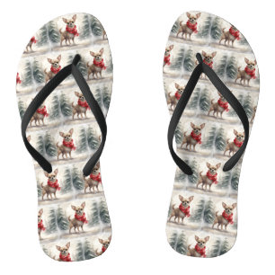 Chihuahua Dog in Snow Christmas Flip Flops