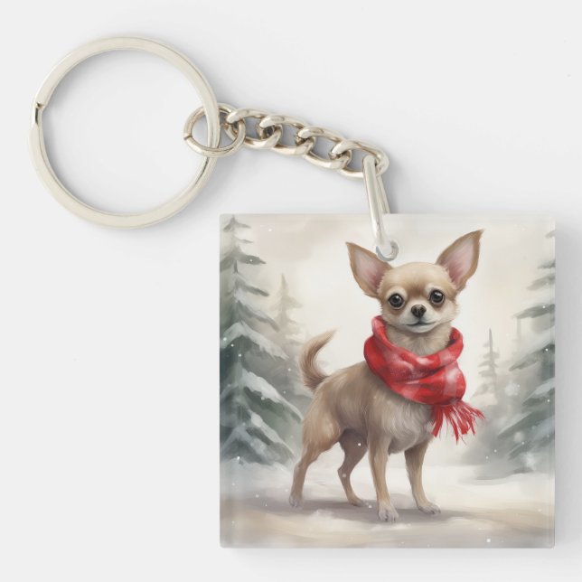 Chihuahua Dog in Snow Christmas  Keychain (Front)