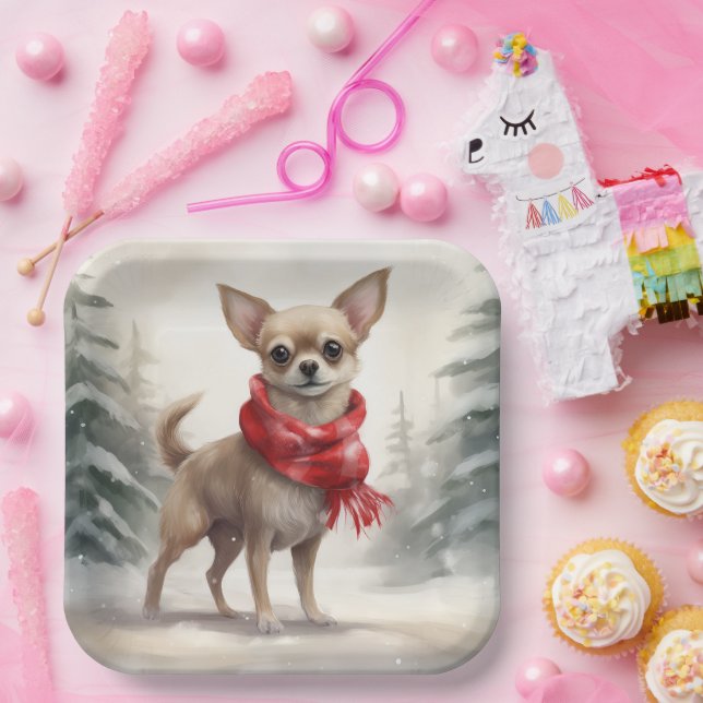 Chihuahua Dog in Snow Christmas  Paper Plates (Party)