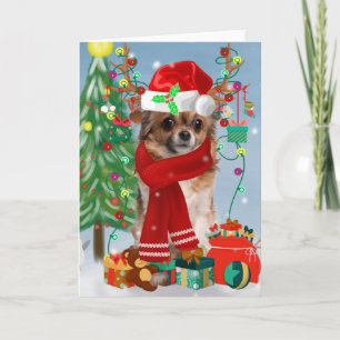 Chihuahua Dog in Snow with Christmas Gifts Card
