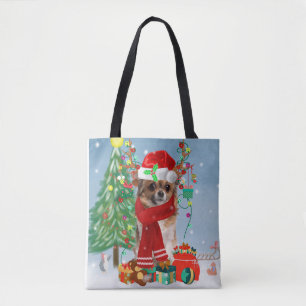 Chihuahua Dog in Snow with Christmas Gifts Tote Bag