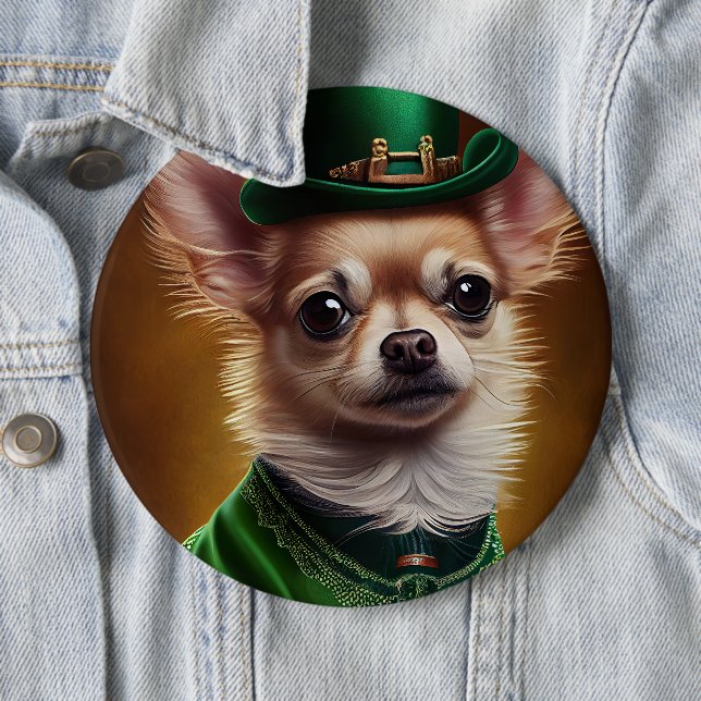 Chihuahua Dog in St. Patrick's Day Dress Button (In Situ)