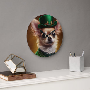 Chihuahua Dog in St. Patrick's Day Dress Large Clock