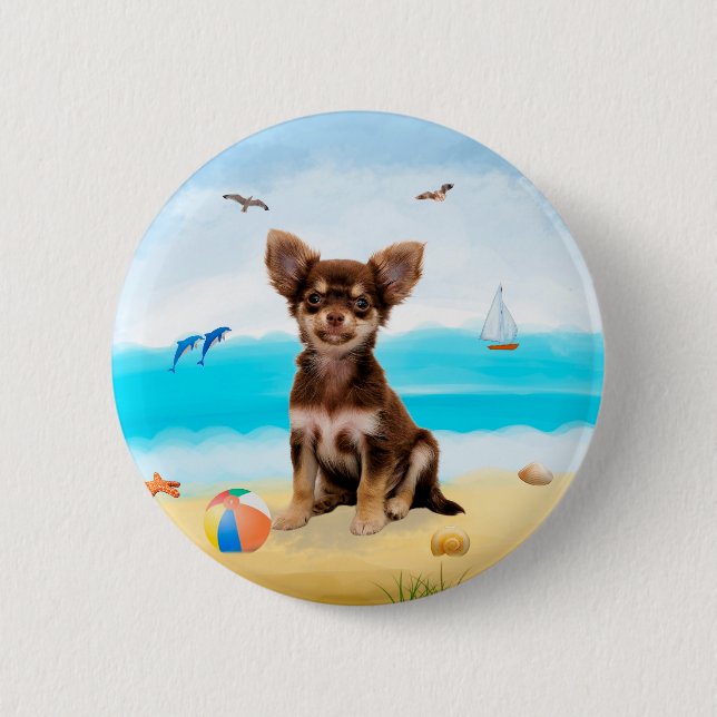 Chihuahua Dog on Beach Button (Front)