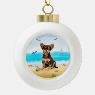 chihuahua Dog on Beach  Ceramic Ball Christmas Ornament