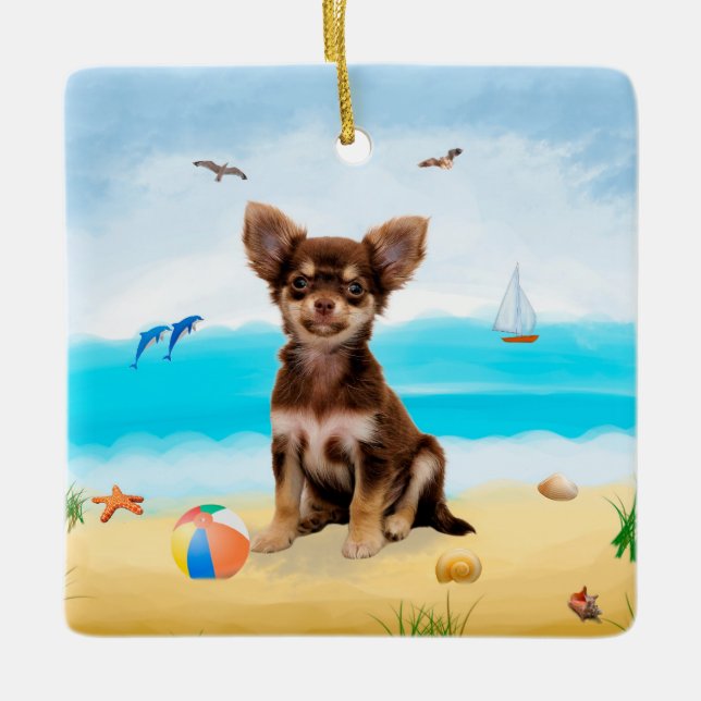 Chihuahua Dog on Beach Ceramic Ornament (Front)