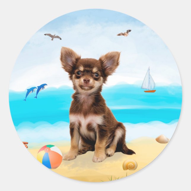 Chihuahua Dog on Beach Classic Round Sticker (Front)