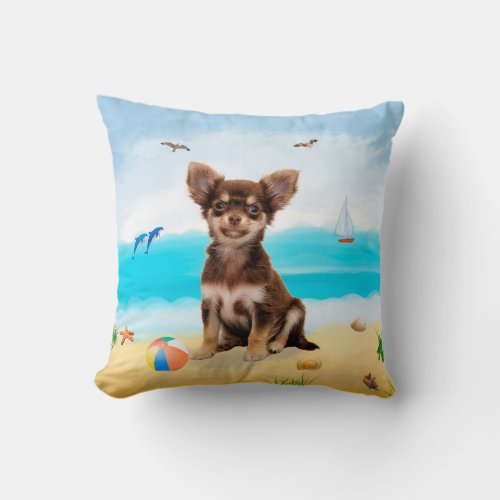 Chihuahua Dog on Beach Throw Pillow