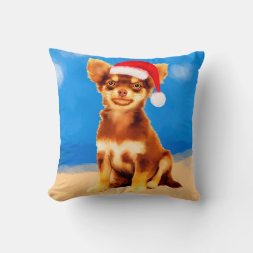 Chihuahua dog On Beach With Christmas Hat Throw Pillow