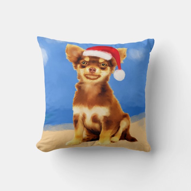 Chihuahua dog On Beach With Christmas Hat Throw Pillow (Front)