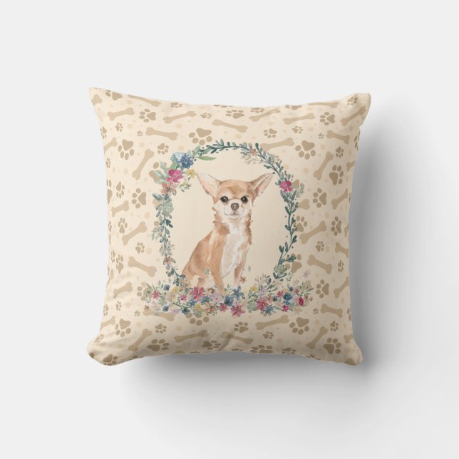 Chihuahua Dog Paw Print & Floral Cute Throw Pillow (Front)