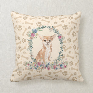 Chihuahua Dog Paw Print & Floral Cute Throw Pillow