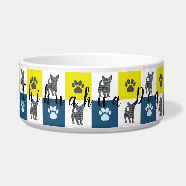 Chihuahua Dog & Paw Yellow & Blue Grid Bowl (Front)