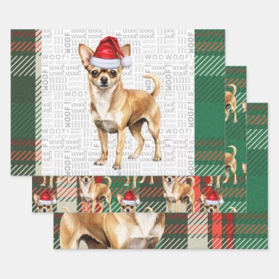 Chihuahua Dog Red and Green Plaid Christmas Wrapping Paper Sheets