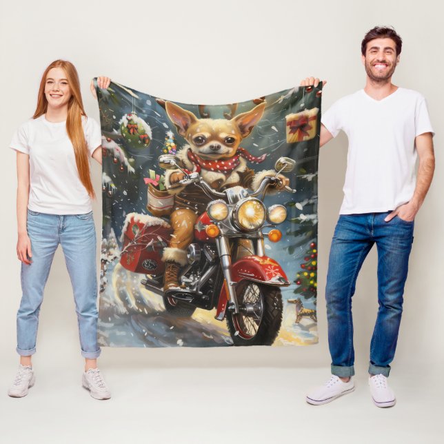 Chihuahua Dog Riding Motorcycle Christmas  Fleece Blanket (In Situ)