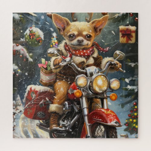 Chihuahua Dog Riding Motorcycle Christmas  Jigsaw Puzzle