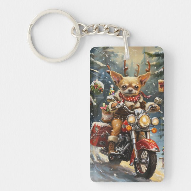 Chihuahua Dog Riding Motorcycle Christmas  Keychain (Front)
