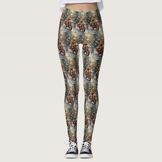 Chihuahua Dog Riding Motorcycle Christmas  Leggings (Front)